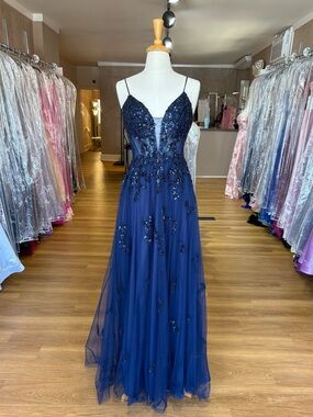 Navy Beaded Tulle Evening Gown